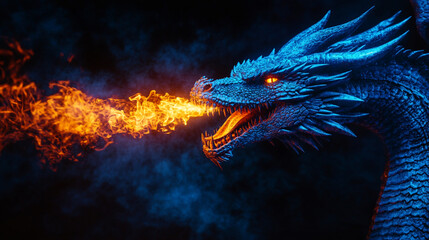 A fierce dragon breathes fire in a dramatic display of power against a dark, smoky backdrop