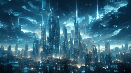 Futuristic Cityscape with Illuminated Skyscrapers