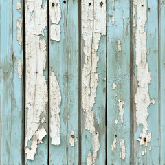 Peeling paint on old wooden fence boards creates rustic and weathered appearance, showcasing layers of blue and white. This texture evokes sense of nostalgia and history