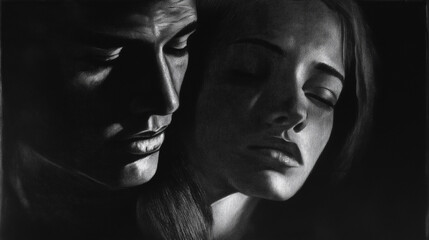 Monochrome charcoal portrait of a man and woman, emotional close-up, intimate dark tones