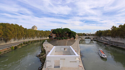 New House Instalation at Tiber Island and River Cruise Ship in Rome Italy Autumn Day