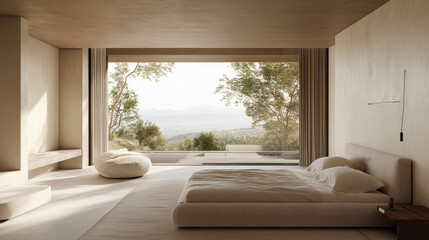 Minimalist bedroom with a large open window, neutral color palette, and minimal decor