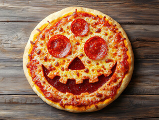 Halloween-themed pizza with pepperoni and cheese, decorated as a jack-o-lantern face on a wooden background 