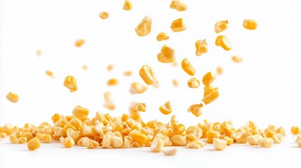 Golden kernels of corn scattered in mid-air against a light background during a bright sunny day