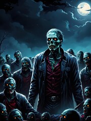 Fototapeta premium A dark scene featuring a zombie leader surrounded by other zombies under a moonlit sky.
