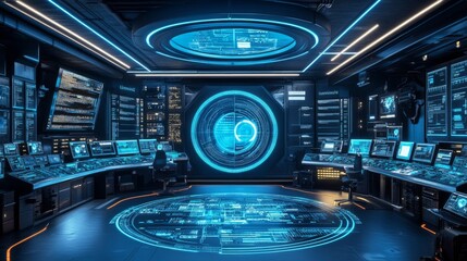 Business automation control room with a central AI hub managing logistics, customer support, and operational efficiency, holographic displays showing real-time system status