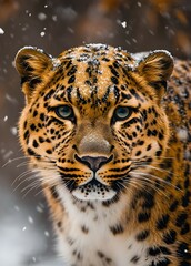 Obraz premium A leopard stares intently into the camera, snow falling around it.