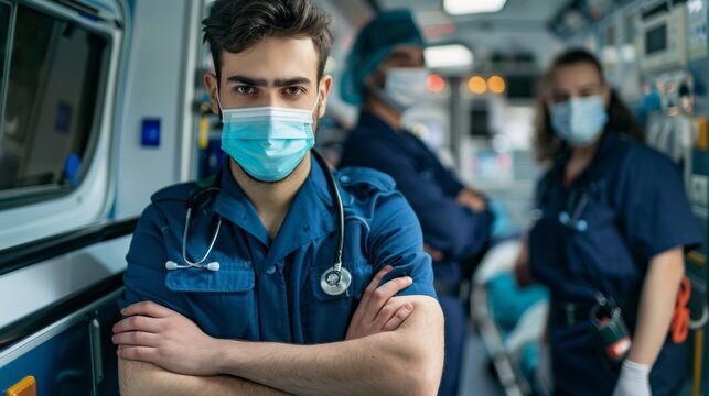 A man in a blue uniform with a stethoscope is standing in front of a group of pe