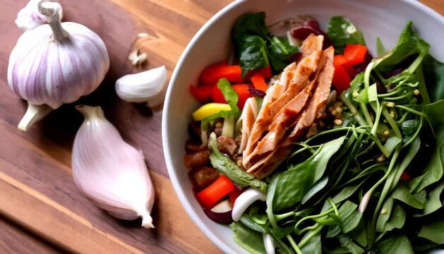 Food mix salad noodles grillea chicken garlic greena top view
