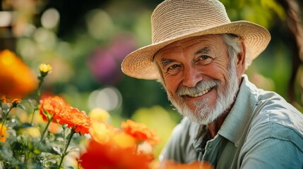 Fototapeta premium Elderly gentleman with a straw hat, smiling peacefully while tending to his garden, vibrant flowers surrounding him