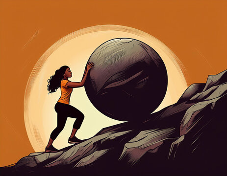 Woman Pushing Stone Up Empowering Feminist Female Power Concept