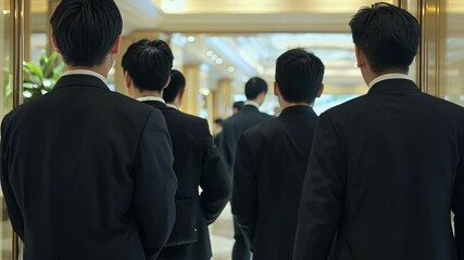 Group of security guards in suits are accompanying someone into a building. They are walking in a tight formation, ensuring the safety of the person they are protecting