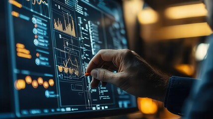 Fototapeta premium Engineers designing a hydroelectric dam, with investment flow charts projected above, renewable resources, economic planning