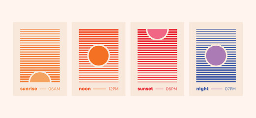 Poster Set Sunrise Noon Sunset Night Concept Minimalist Retro