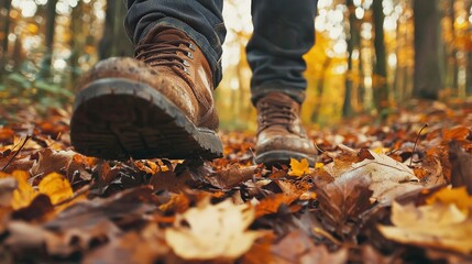 A close-up of a pair of boots walking through crunchy autumn leaves on a forest trail. The vibrant colors of the leaves and the texture of the boots capture the essence of fall.