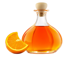 a glass bottle with liquid next to an orange slice