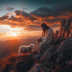 serene scene depicting figure in robe sitting on rocky ledge at sunset, gently caring for small lamb. warm colors of sky evoke sense of peace and compassion