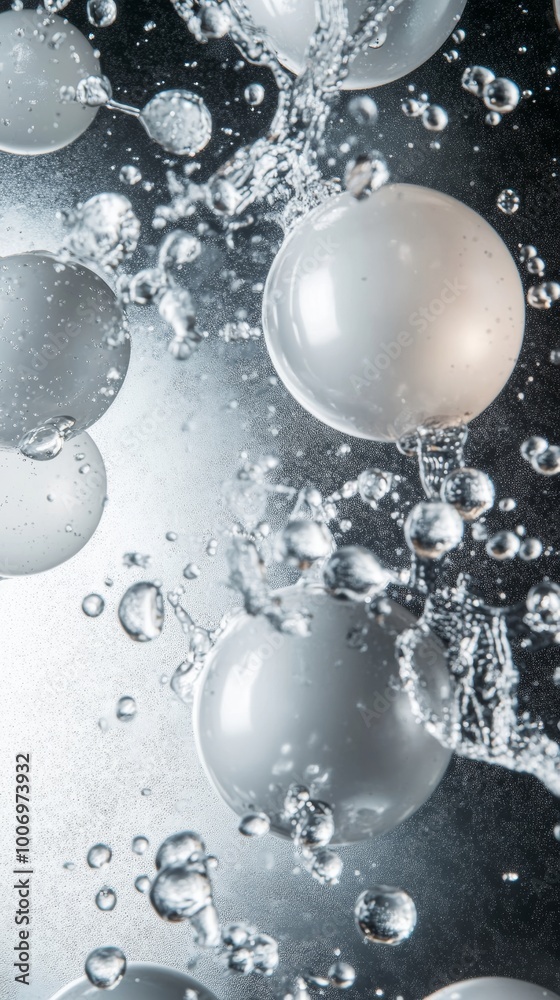 Poster bubbles and spheres floating in liquid, abstract close-up. science and texture concept
