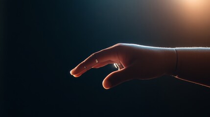 A sleek metallic robotic arm reaches out to touch a human shoulder, highlighting the connection and support between advanced technology and people in a dimly lit environment