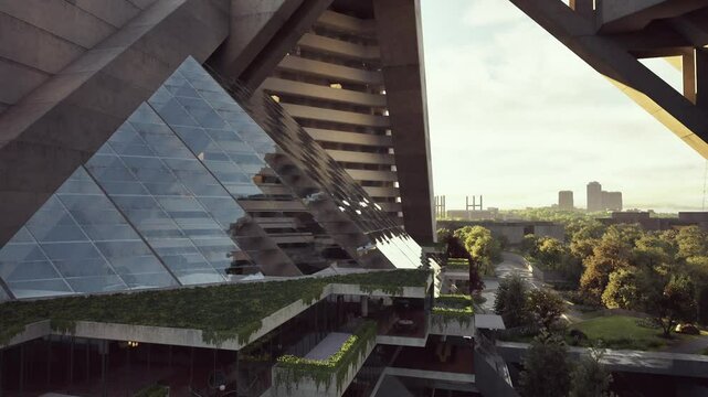 A striking architectural structure features sharp geometric glass forms set amid a lush urban landscape, showcasing innovative design and harmony with nature during golden hour.
