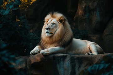 Obraz premium Majestic White Lion Relaxing in Nature