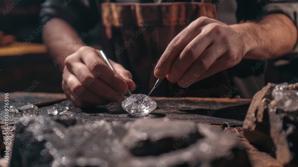 Poster a man is working on a diamond, polishing it with a tool