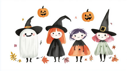 Obraz premium ハロウィンコンセプト おばけと魔女の水彩イラスト