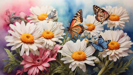 bouquet of daisies with butterflies 