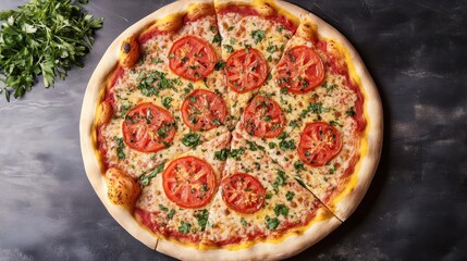 Overhead shot of margarita pizza, rich tomato color, sprinkled herbs, contrasting against a dark background