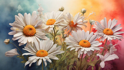 bouquet of daisies with a vibrant watercolour background 