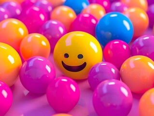 Playful emoji ball amidst playful abstract balls, full frame