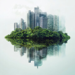 Obraz premium serene double exposure image showcasing lush green island surrounded by towering skyscrapers, reflecting beautifully on calm waters. blend of nature and urban life evokes sense of harmony and