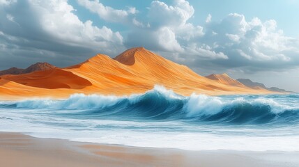 Large wave coming in to the beach with sand dunes