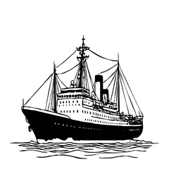 Ship . Line art. Logo design for use in graphics. T-shirt print, tattoo design. Minimalist illustration for printing on wall decorations.