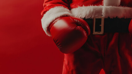 Santa Claus wearing boxing gloves. Christmas and Boxing Day concept. Gifts and sales.