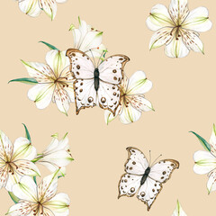 Watercolor seamless pattern with white flowers and Butterflys. Vintage background with composition of Lilies. Floral botanical illustration for textile, scrapbooking paper, stationery design