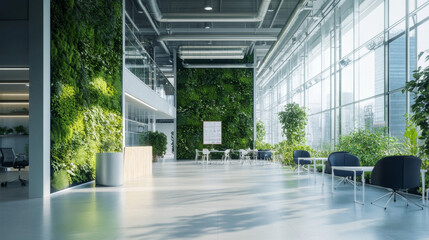 Green economy hub with companies collaborating on eco-friendly projects, sharing office space with sustainable materials and renewable energy sources