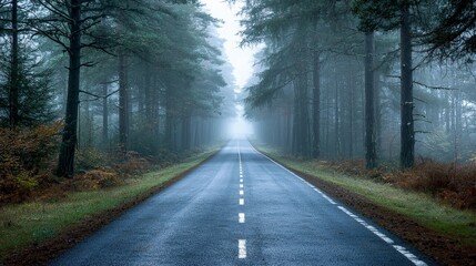 Obraz premium Foggy Road Vanishing into Mysterious Forest Scene