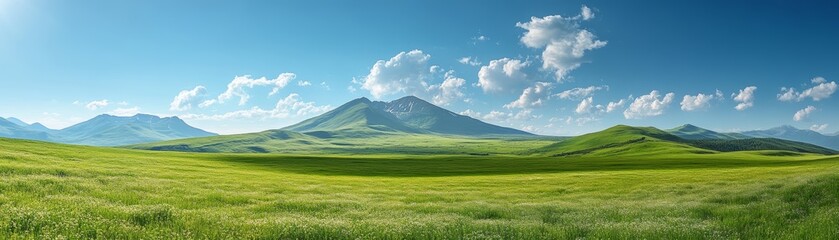 Fototapeta premium Green Mountain Valley Landscape with Blue Sky and Clouds