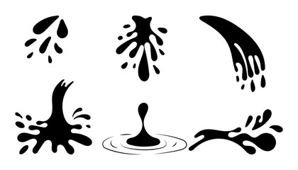 Set of Water drops. Black Liquid doodle elements, cry droplet icons collection. Ink, sauce, blood, river splashes and fluid. Vector illustration isolated on white background