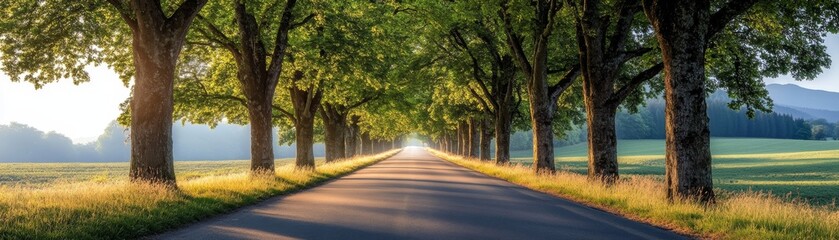 Naklejka premium Sunny Road Through Green Trees and Fields
