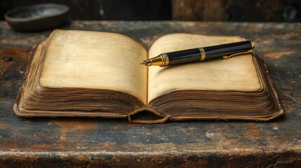 Vintage Book with Pen on Rustic Surface