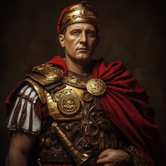 Roman Emperor in Golden Armor and Red Cloak Historical Costume Portrait