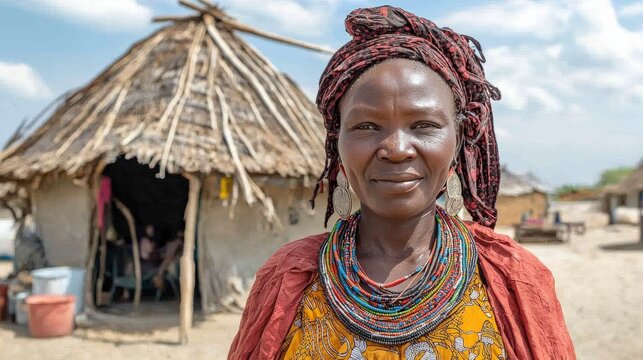 Himba woman standing in front of traditional hut in Namibia