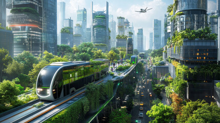 Fototapeta premium A cityscape with green technology integrated, featuring electric buses, solar-powered streetlights, and rooftop gardens on skyscrapers