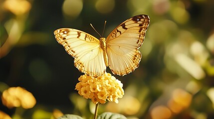 A delicate golden butterfly resting on a flower, golden butterfly, Natural wildlife beauty.