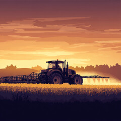 Fototapeta premium tractor sprays crops in golden sunset, showcasing agricultural activity and beauty of rural landscapes. scene captures essence of farming and natures harmony