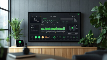 A digital dashboard tracking a household's carbon footprint, showing real-time data on energy consumption, transportation, and waste reduction