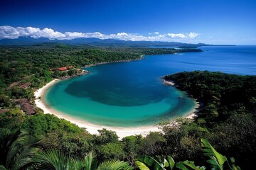 Obraz premium A serene lagoon surrounded by jungle, with the ocean gently entering the bay, reflecting the harmony of nature and water.