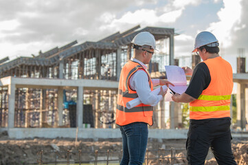 Two Asian engineer working at site of a large building project,Thailand people,Work overtime at construction site,Team of engineer discus at site